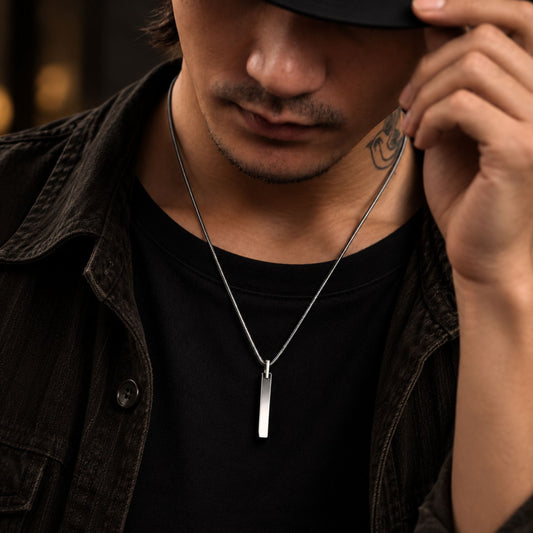 THE MEN THING SS Pendant/ Necklace SLEEK APEX - Pure Titanium Steel Silver Bar Pendant with 24inch Snake Chain for Men & Boys