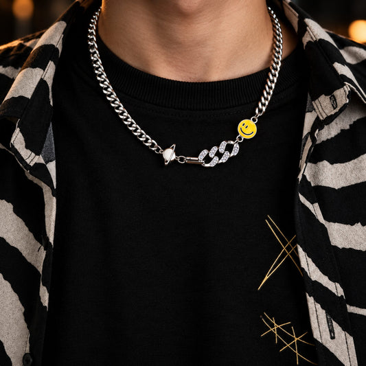 THE MEN THING SS Pendant/ Necklace SMILEY CHARM - 10mm Titanium Steel Pendant with 17 to 19inch Adjustable 8mm Chain for Men & Boys