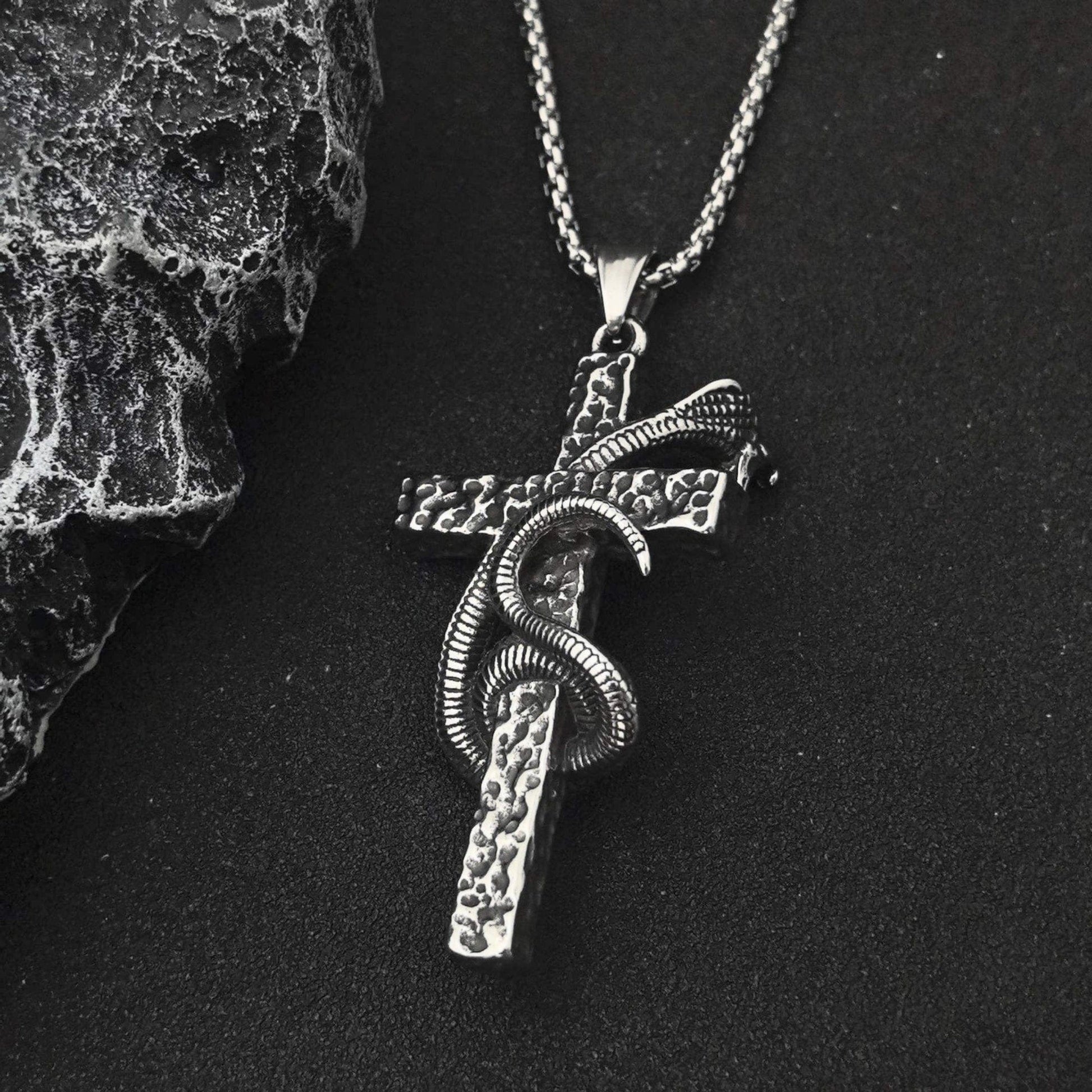 THE MEN THING SS Pendant/ Necklace SNAKE WRAPPED CROSS - 30mm Titanium Steel Pendant with 28inch Round Box 4mm Chain for Men & Boys