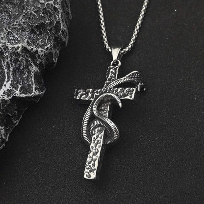 THE MEN THING SS Pendant/ Necklace SNAKE WRAPPED CROSS - 30mm Titanium Steel Pendant with 28inch Round Box 4mm Chain for Men & Boys