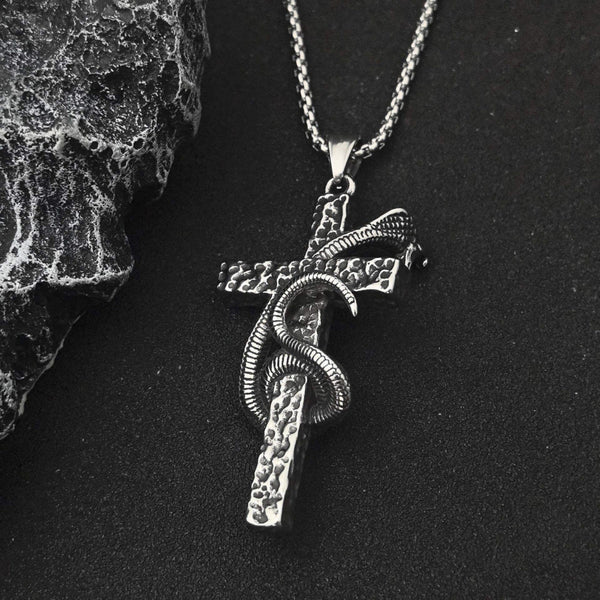 SNAKE WRAPPED CROSS - 30mm Titanium Steel Pendant with 28inch Round Box 4mm Chain for Men & Boys