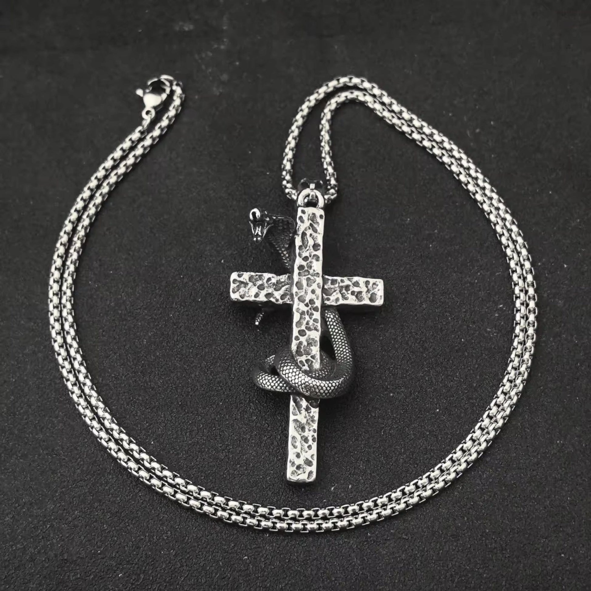 THE MEN THING SS Pendant/ Necklace SNAKE WRAPPED CROSS - 30mm Titanium Steel Pendant with 28inch Round Box 4mm Chain for Men & Boys