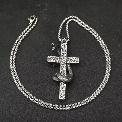 THE MEN THING SS Pendant/ Necklace SNAKE WRAPPED CROSS - 30mm Titanium Steel Pendant with 28inch Round Box 4mm Chain for Men & Boys