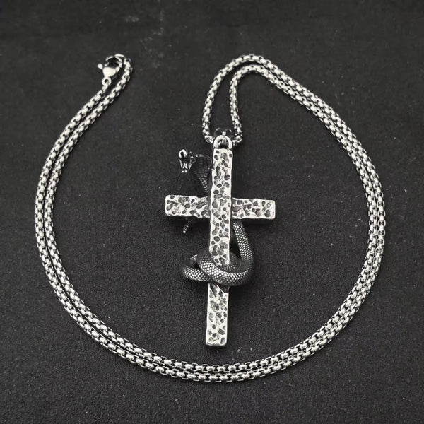 SNAKE WRAPPED CROSS - 30mm Titanium Steel Pendant with 28inch Round Box 4mm Chain for Men & Boys