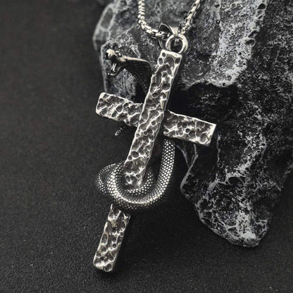 THE MEN THING SS Pendant/ Necklace SNAKE WRAPPED CROSS - 30mm Titanium Steel Pendant with 28inch Round Box 4mm Chain for Men & Boys