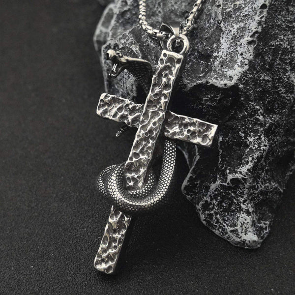 SNAKE WRAPPED CROSS - 30mm Titanium Steel Pendant with 28inch Round Box 4mm Chain for Men & Boys