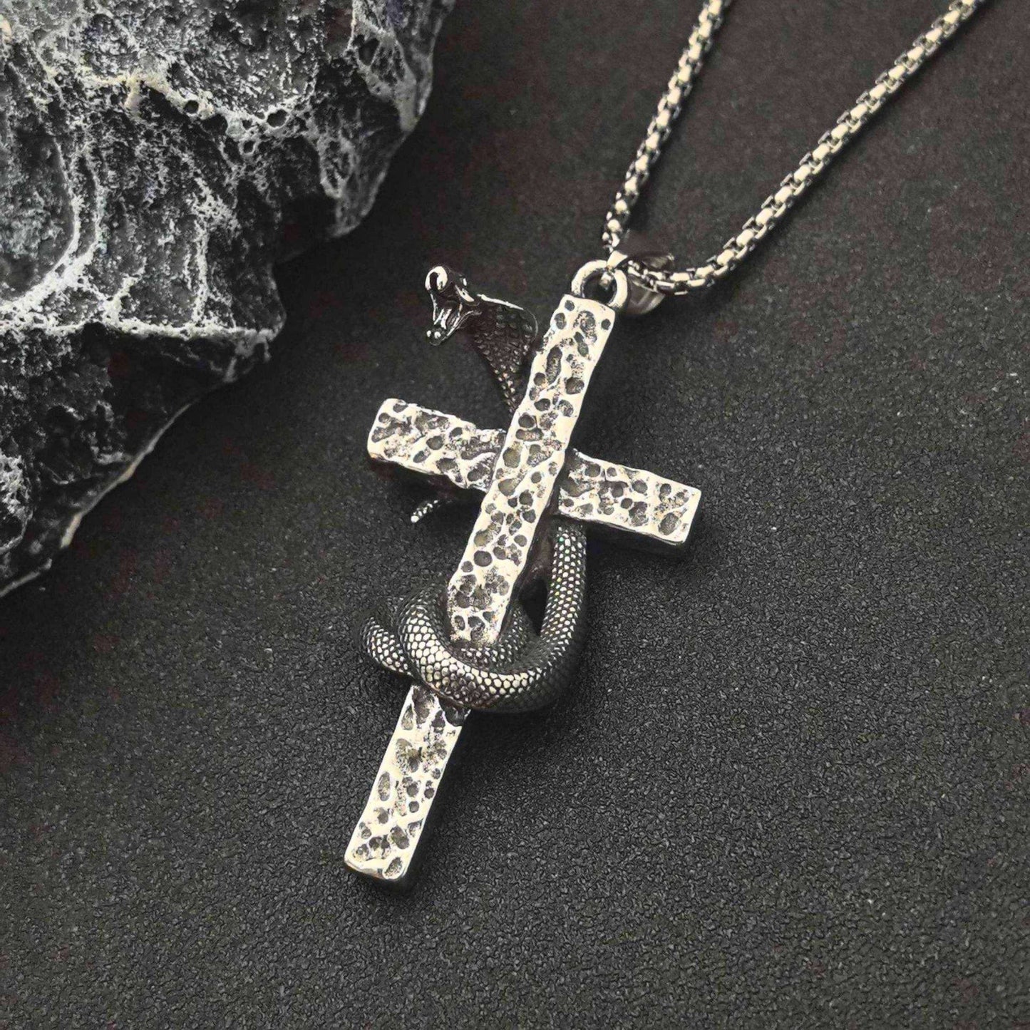 THE MEN THING SS Pendant/ Necklace SNAKE WRAPPED CROSS - 30mm Titanium Steel Pendant with 28inch Round Box 4mm Chain for Men & Boys