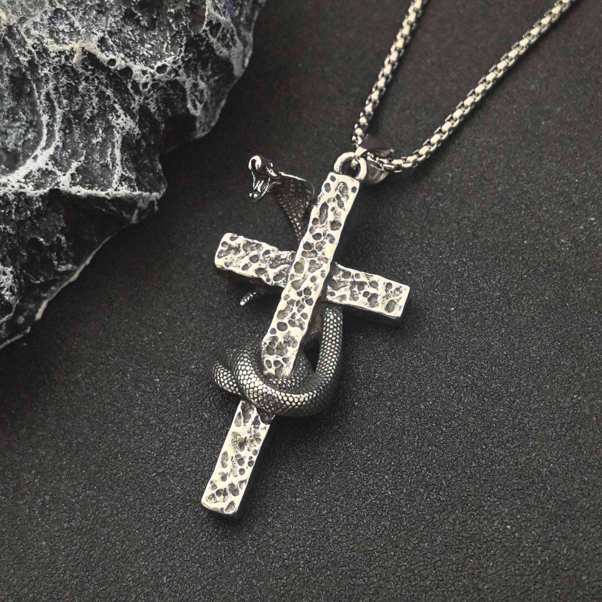 THE MEN THING SS Pendant/ Necklace SNAKE WRAPPED CROSS - 30mm Titanium Steel Pendant with 28inch Round Box 4mm Chain for Men & Boys