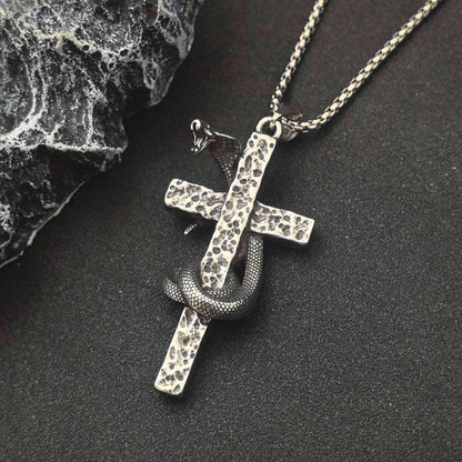 THE MEN THING SS Pendant/ Necklace SNAKE WRAPPED CROSS - 30mm Titanium Steel Pendant with 28inch Round Box 4mm Chain for Men & Boys