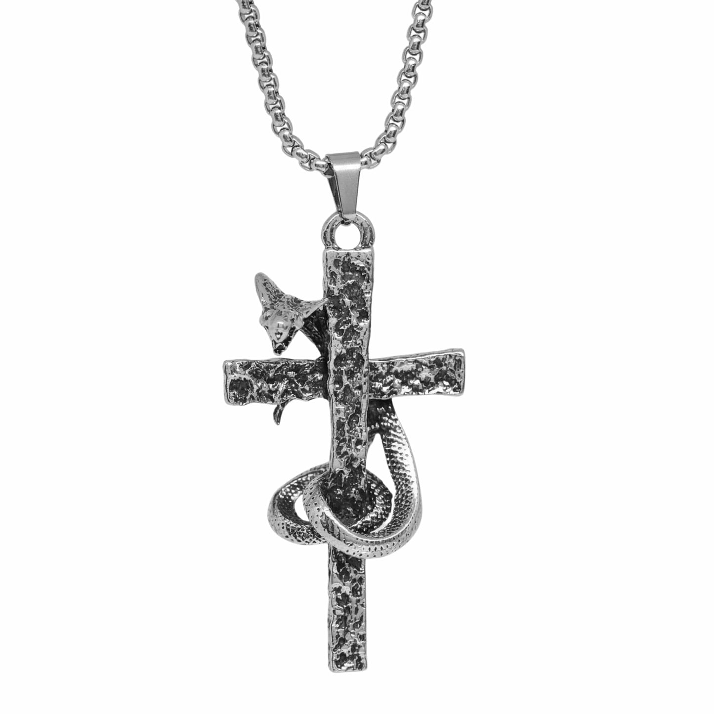 THE MEN THING SS Pendant/ Necklace SNAKE WRAPPED CROSS - 30mm Titanium Steel Pendant with 28inch Round Box 4mm Chain for Men & Boys