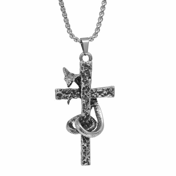 SNAKE WRAPPED CROSS - 30mm Titanium Steel Pendant with 28inch Round Box 4mm Chain for Men & Boys