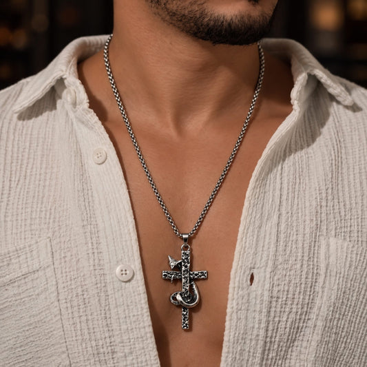 THE MEN THING SS Pendant/ Necklace SNAKE WRAPPED CROSS - 30mm Titanium Steel Pendant with 28inch Round Box 4mm Chain for Men & Boys