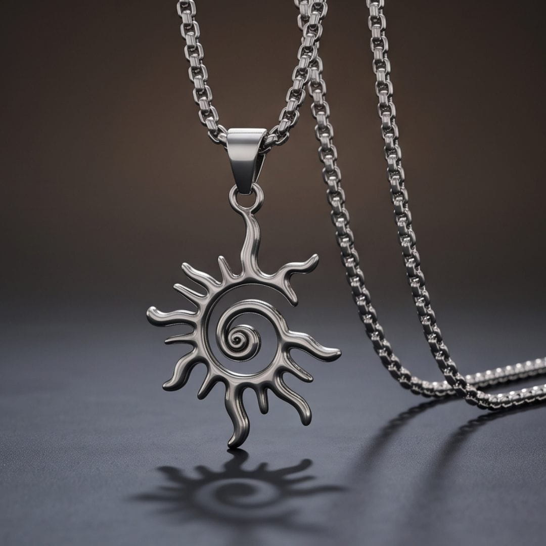 THE MEN THING SS Pendant/ Necklace SOLAR SPIRAL - STEEL - 25mm Pure Titanium Steel Pendant with 23inch Round Box 2mm Chain for Men & Boys