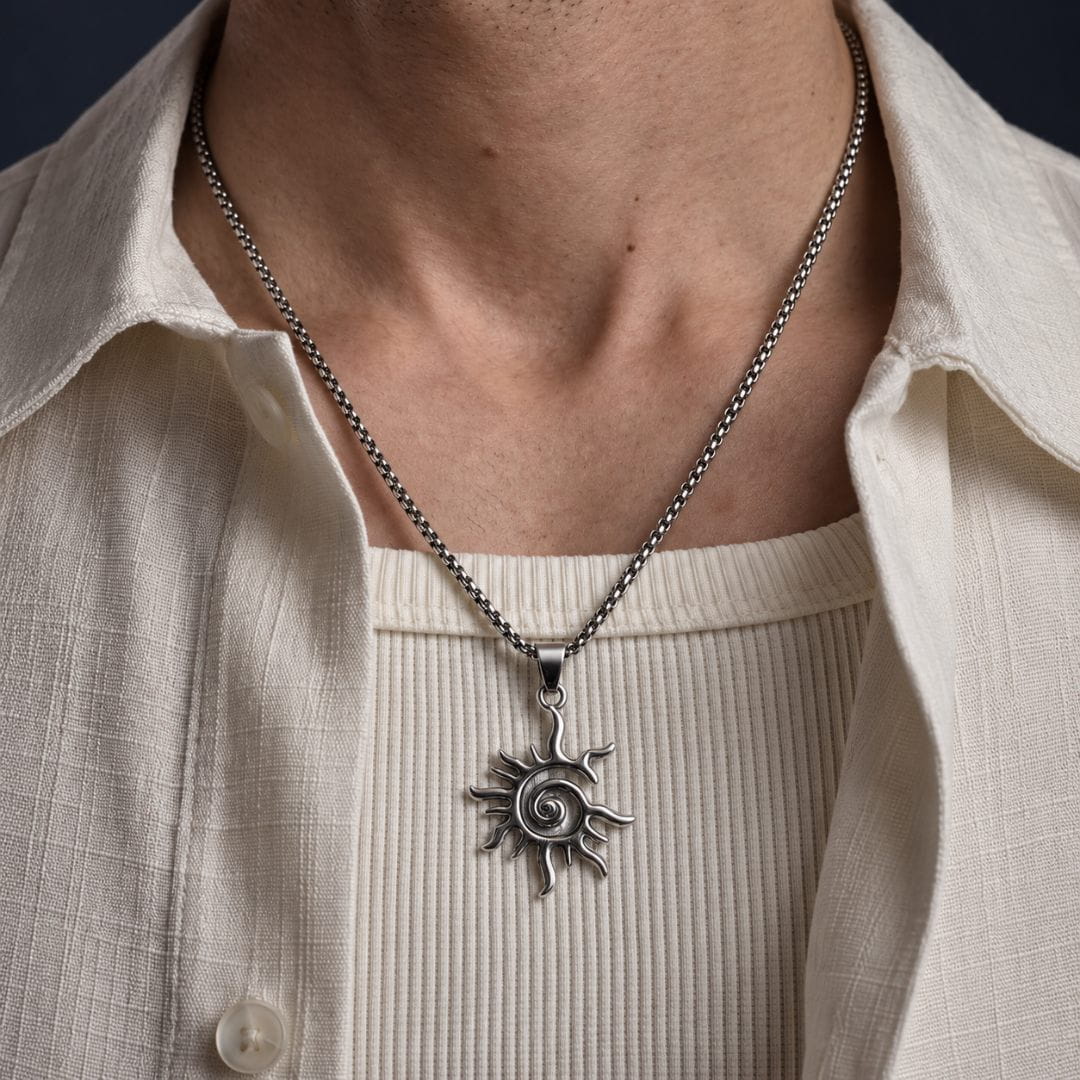 THE MEN THING SS Pendant/ Necklace SOLAR SPIRAL - STEEL - 25mm Pure Titanium Steel Pendant with 23inch Round Box 2mm Chain for Men & Boys