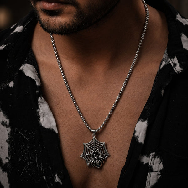 SPIDER NET - Pure Titanium Steel Pendant with 24inch Round Box Chain for Men & Boys