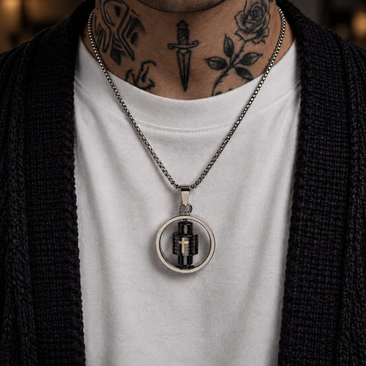 THE MEN THING SS Pendant/ Necklace SPIN MANTRA WHEEL - 25mm Pure Titanium Steel Pendant with 28inch Twisted 4mm Chain for Men & Boys