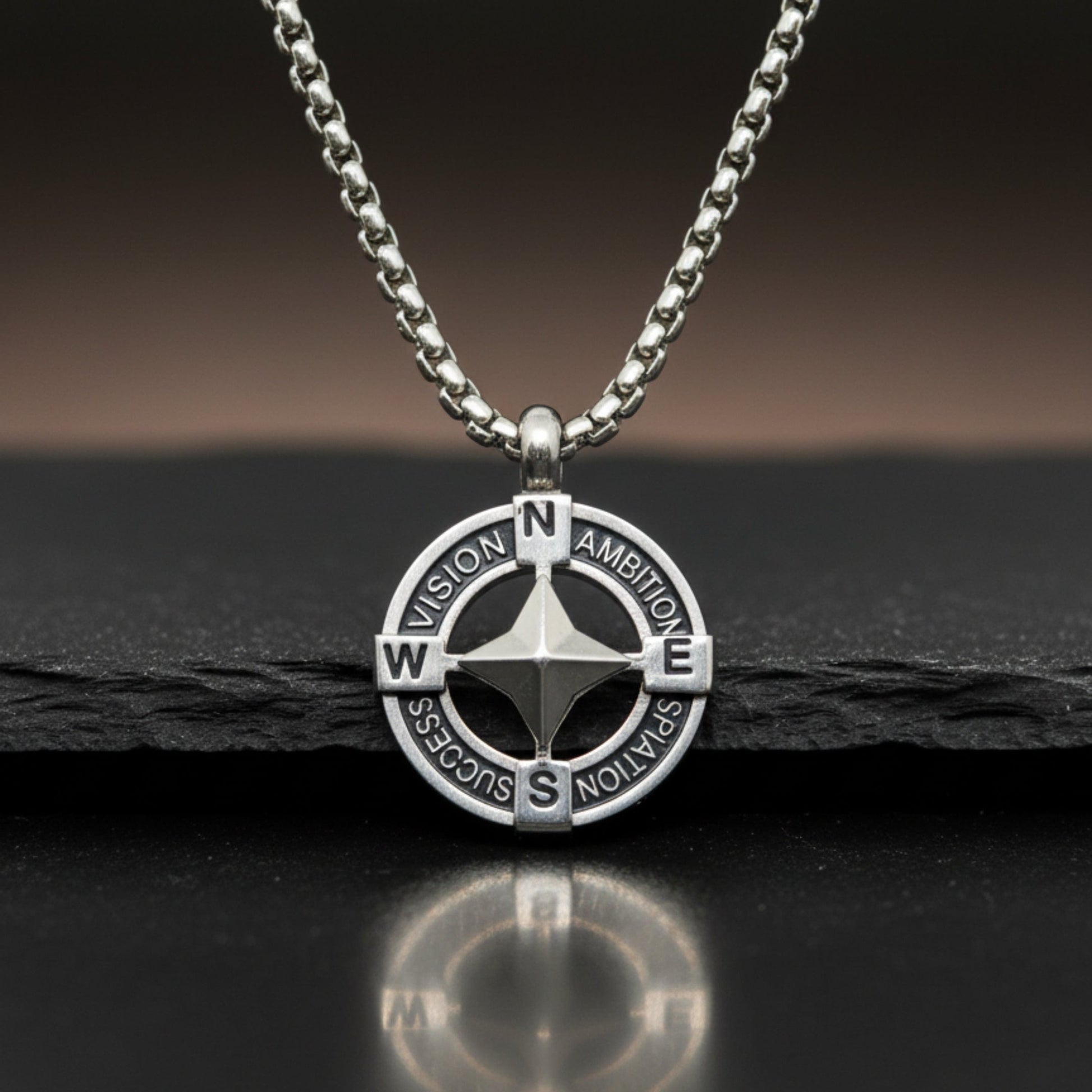 THE MEN THING SS Pendant/ Necklace STAR COMPASS - 19mm Titanium Steel Pendant with 20inch Round Box 3mm Chain for Men & Boys