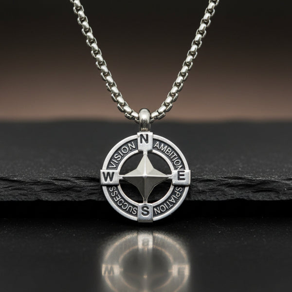 STAR COMPASS - 19mm Titanium Steel Pendant with 20inch Round Box 3mm Chain for Men & Boys