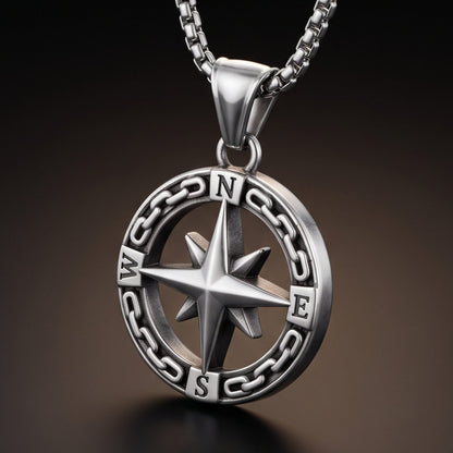 THE MEN THING SS Pendant/ Necklace STAR COMPASS - 26mm Titanium Steel Pendant with 23inch Round Box 3mm Chain for Men & Boys