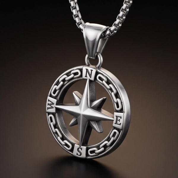 STAR COMPASS - 26mm Titanium Steel Pendant with 23inch Round Box 3mm Chain for Men & Boys