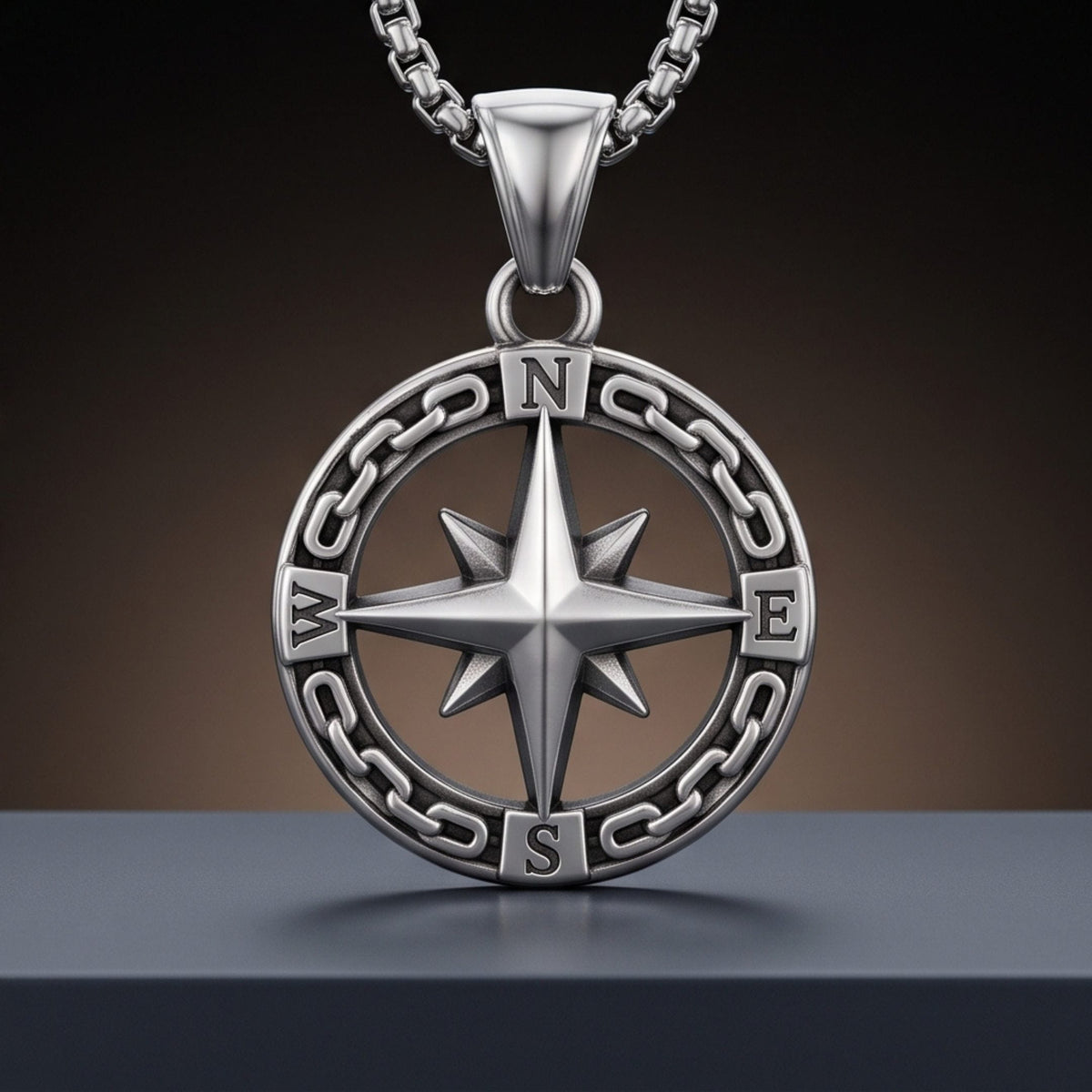 THE MEN THING SS Pendant/ Necklace STAR COMPASS - 26mm Titanium Steel Pendant with 23inch Round Box 3mm Chain for Men & Boys