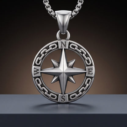 THE MEN THING SS Pendant/ Necklace STAR COMPASS - 26mm Titanium Steel Pendant with 23inch Round Box 3mm Chain for Men & Boys