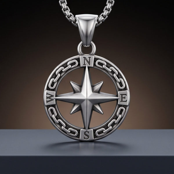 STAR COMPASS - 26mm Titanium Steel Pendant with 23inch Round Box 3mm Chain for Men & Boys