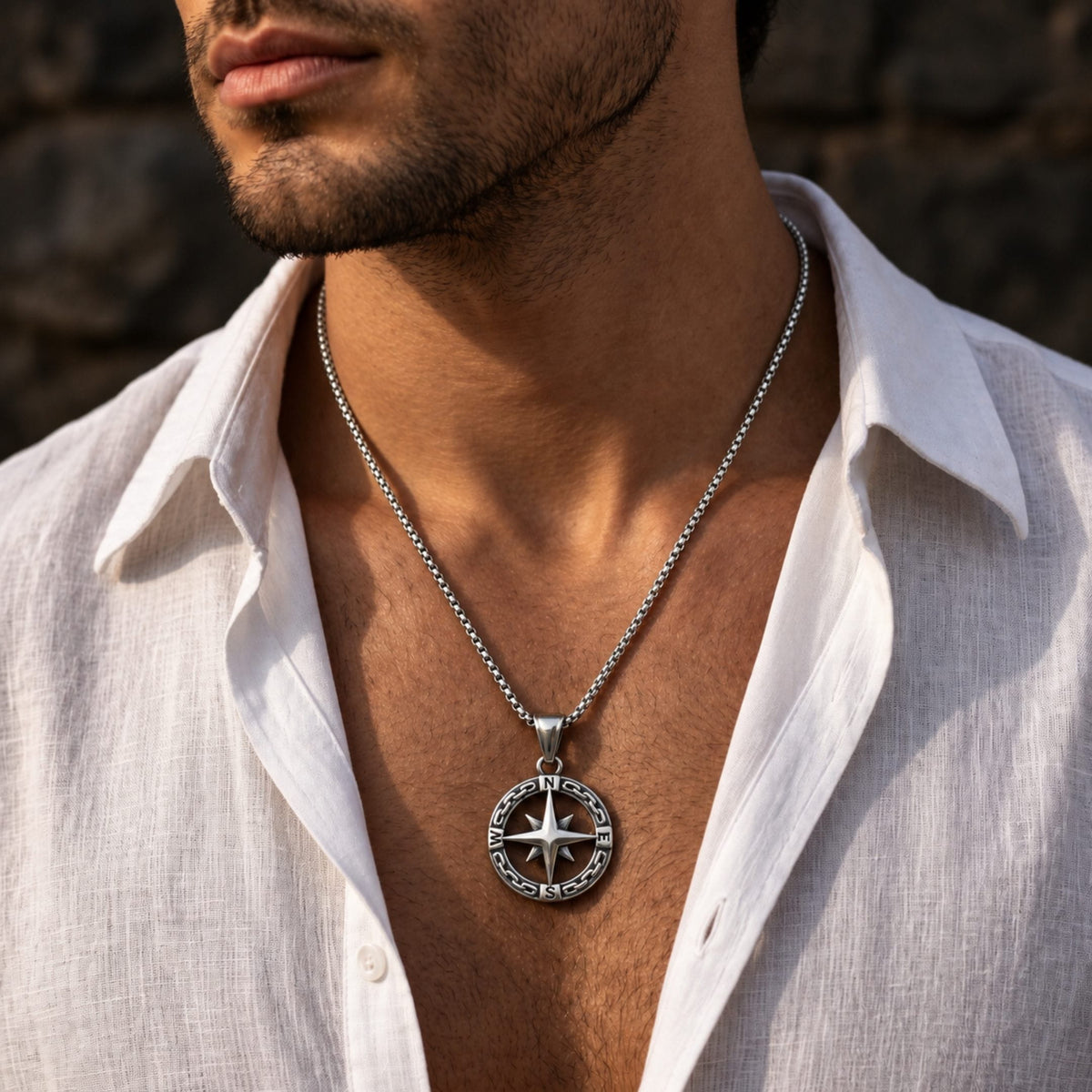 THE MEN THING SS Pendant/ Necklace STAR COMPASS - 26mm Titanium Steel Pendant with 23inch Round Box 3mm Chain for Men & Boys
