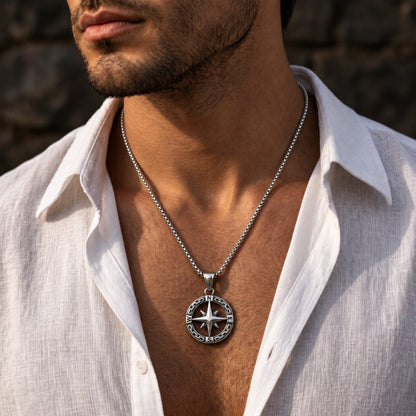 THE MEN THING SS Pendant/ Necklace STAR COMPASS - 26mm Titanium Steel Pendant with 23inch Round Box 3mm Chain for Men & Boys