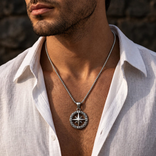 THE MEN THING SS Pendant/ Necklace STAR COMPASS - 26mm Titanium Steel Pendant with 23inch Round Box 3mm Chain for Men & Boys
