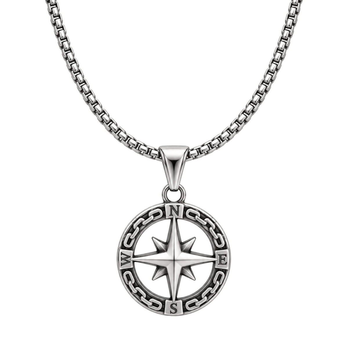 THE MEN THING SS Pendant/ Necklace STAR COMPASS - 26mm Titanium Steel Pendant with 23inch Round Box 3mm Chain for Men & Boys