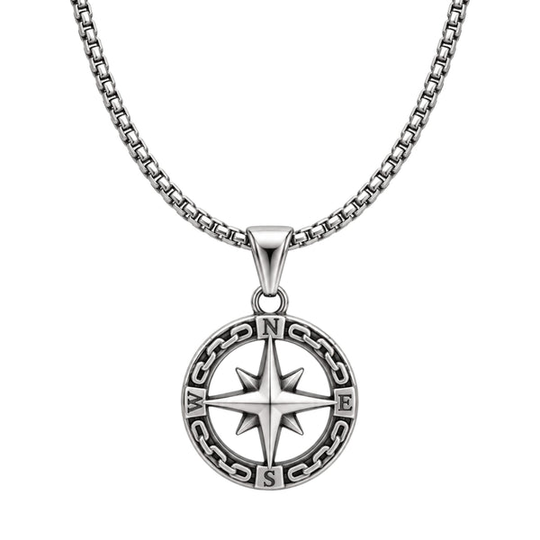 STAR COMPASS - 26mm Titanium Steel Pendant with 23inch Round Box 3mm Chain for Men & Boys