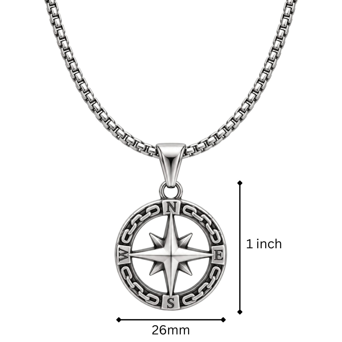THE MEN THING SS Pendant/ Necklace STAR COMPASS - 26mm Titanium Steel Pendant with 23inch Round Box 3mm Chain for Men & Boys