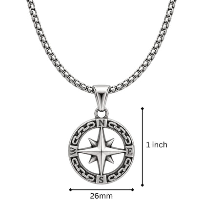 THE MEN THING SS Pendant/ Necklace STAR COMPASS - 26mm Titanium Steel Pendant with 23inch Round Box 3mm Chain for Men & Boys