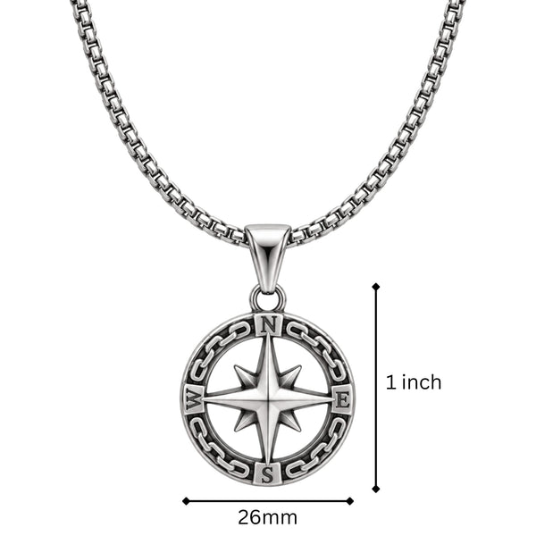 STAR COMPASS - 26mm Titanium Steel Pendant with 23inch Round Box 3mm Chain for Men & Boys