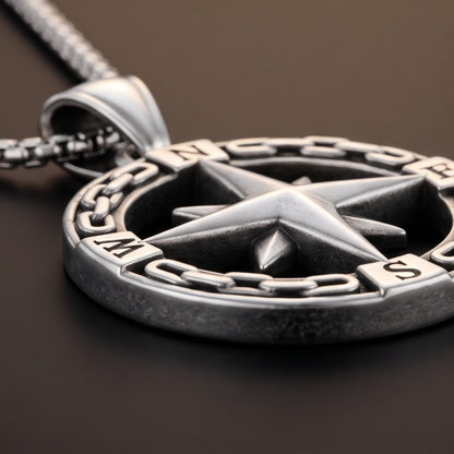 THE MEN THING SS Pendant/ Necklace STAR COMPASS - 26mm Titanium Steel Pendant with 23inch Round Box 3mm Chain for Men & Boys