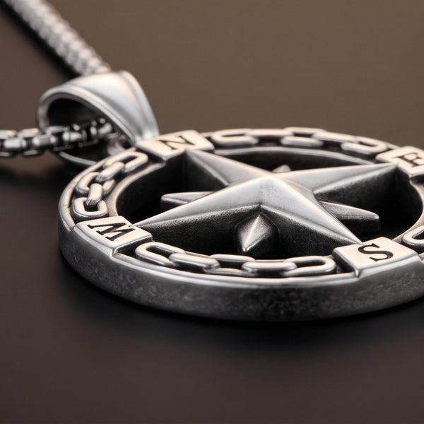 STAR COMPASS - 26mm Titanium Steel Pendant with 23inch Round Box 3mm Chain for Men & Boys