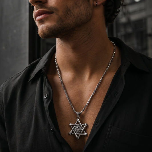 THE MEN THING SS Pendant/ Necklace STAR EYE - Alloy Pendant with Pure Stainless Steel 24inch Round Box Chain, American trending Style for Men & Boy