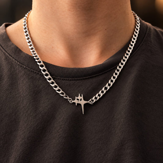 THE MEN THING SS Pendant/ Necklace STAR SPIKE - 27mm Titanium Steel Pendant with 18 to 20inch Adjustable 8mm Cube Chain for Men & Boys
