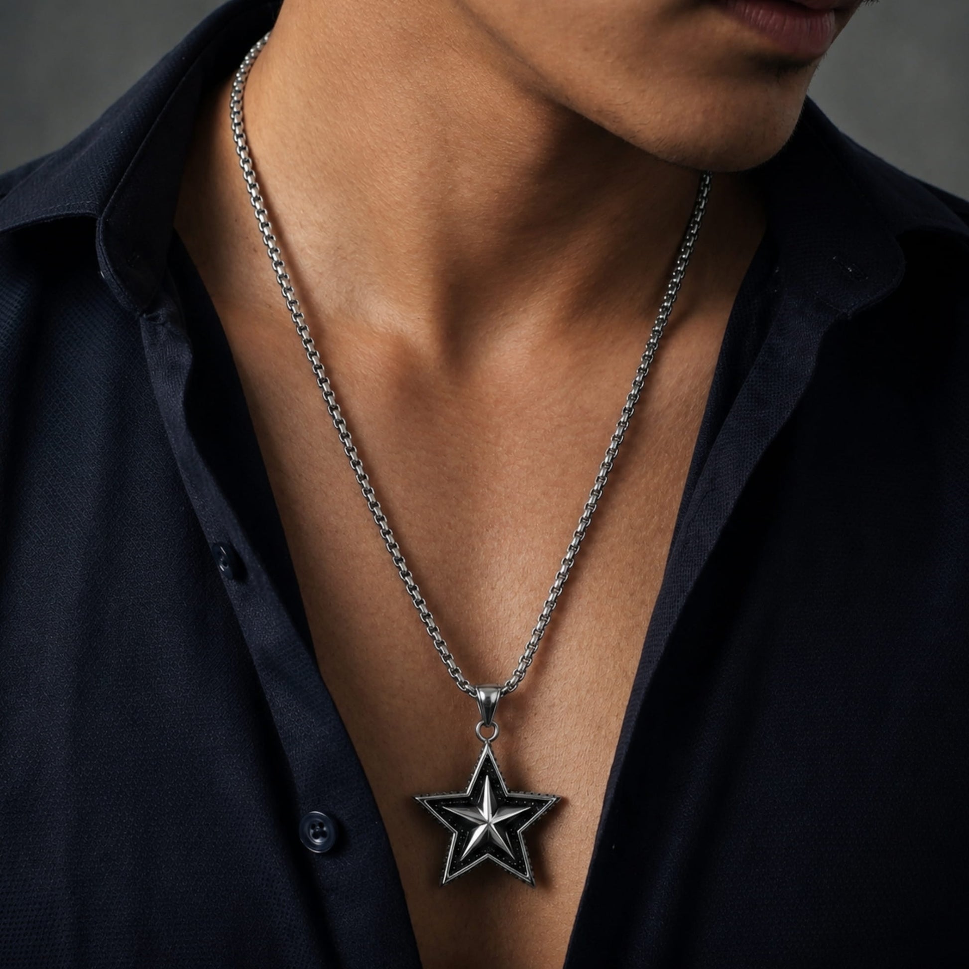 THE MEN THING SS Pendant/ Necklace STAR THAT SHINES - Alloy Star Pendant with Pure Stainless Steel  24inch Round Box Chain, American trending Styl for Men & Boy