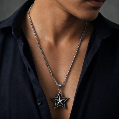 THE MEN THING SS Pendant/ Necklace STAR THAT SHINES - Alloy Star Pendant with Pure Stainless Steel  24inch Round Box Chain, American trending Styl for Men & Boy