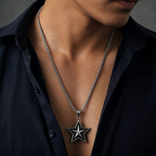 THE MEN THING SS Pendant/ Necklace STAR THAT SHINES - Alloy Star Pendant with Pure Stainless Steel  24inch Round Box Chain, American trending Styl for Men & Boy