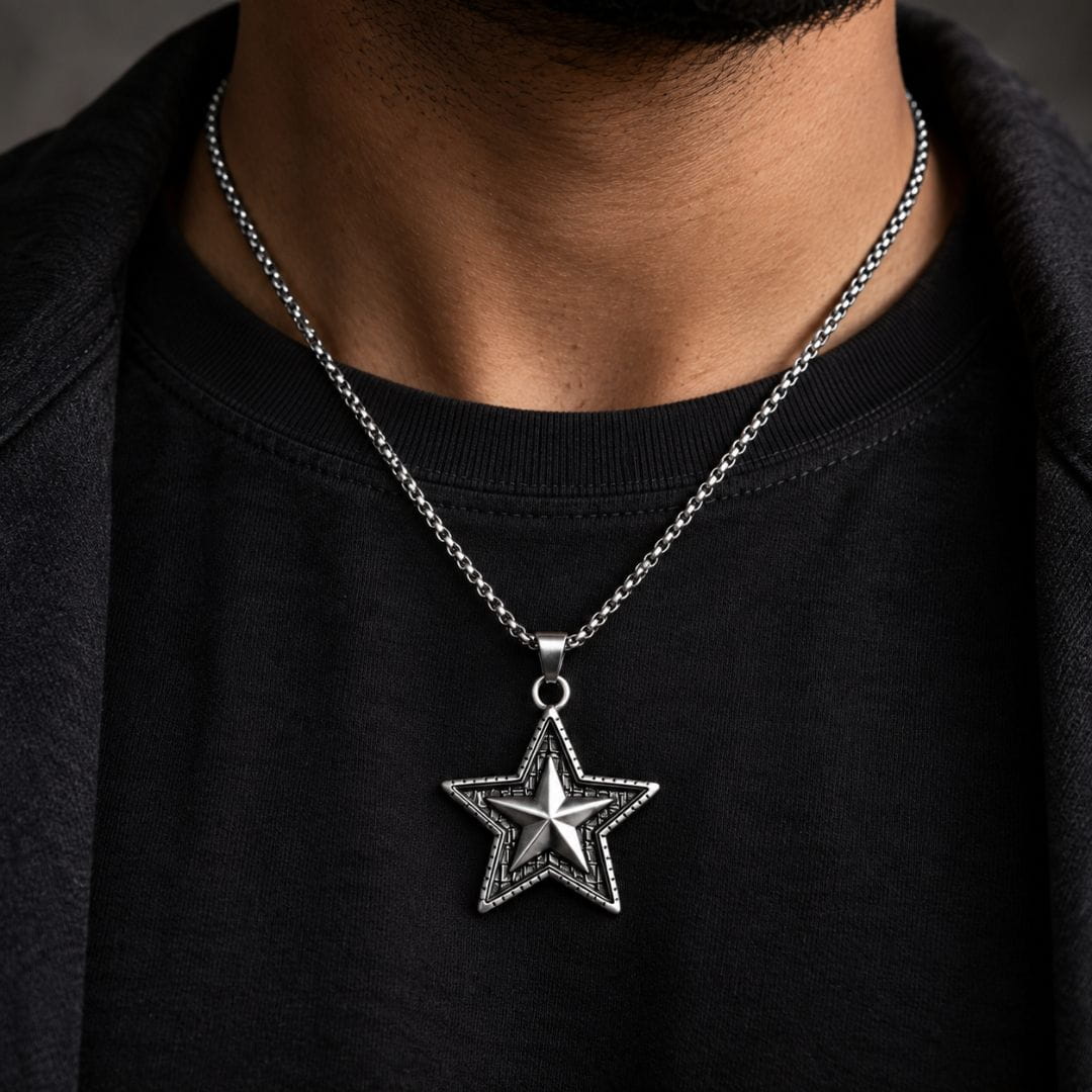 THE MEN THING SS Pendant/ Necklace STAR THAT SHINES - Alloy Star Pendant with Pure Stainless Steel  24inch Round Box Chain, American trending Styl for Men & Boy
