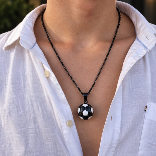 THE MEN THING SS Pendant/ Necklace STRIKER SOCCER BALL - Black - White 20mm Pure Titanium Steel Pendant with 22inch Round Rolo 4mm Chain for Men & Boys