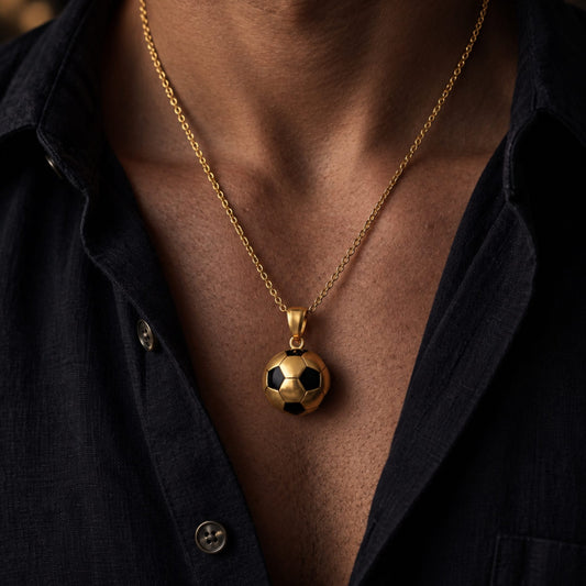 THE MEN THING SS Pendant/ Necklace STRIKER SOCCER BALL - Golden - Black 20mm Pure Titanium Steel Pendant with 22inch Round Rolo 4mm Chain for Men & Boys