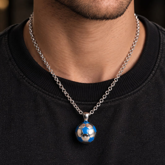 THE MEN THING SS Pendant/ Necklace STRIKER SOCCER BALL - Steel - Blue 20mm Pure Titanium Steel Pendant with 22inch Round Rolo 4mm Chain for Men & Boys