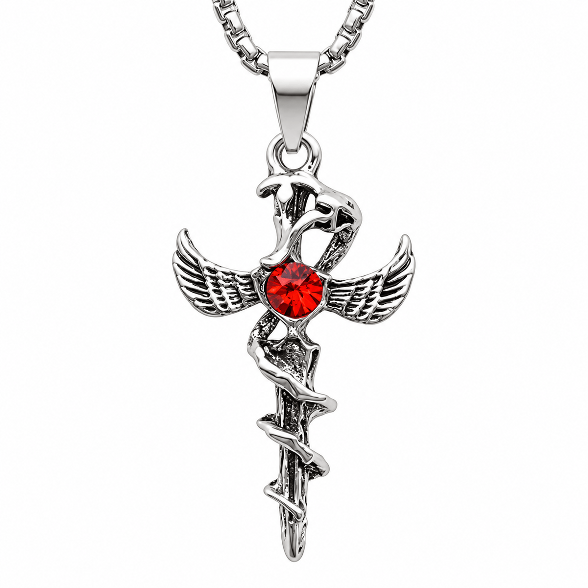 THE MEN THING SS Pendant/ Necklace SWORD OF ANGEL (RED STONE) (T) - Pure Titanium Steel Pendant with Stainless Steel 24inch Round Box Chain, European trending Style for Men & Boy