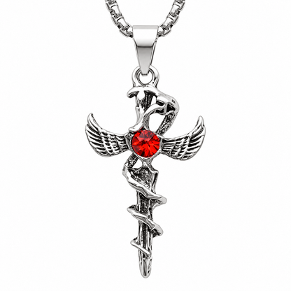 THE MEN THING SS Pendant/ Necklace SWORD OF ANGEL (RED STONE) (T) - Pure Titanium Steel Pendant with Stainless Steel 24inch Round Box Chain, European trending Style for Men & Boy