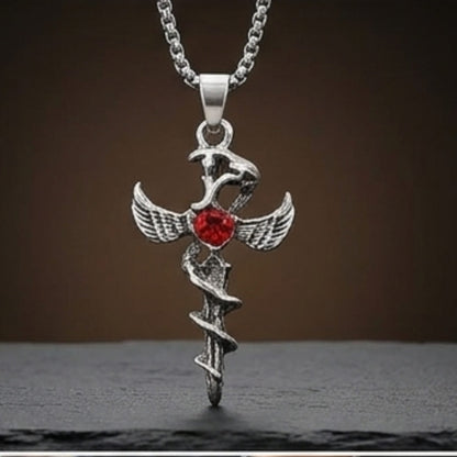 THE MEN THING SS Pendant/ Necklace SWORD OF ANGEL (RED STONE) (T) - Pure Titanium Steel Pendant with Stainless Steel 24inch Round Box Chain, European trending Style for Men & Boy