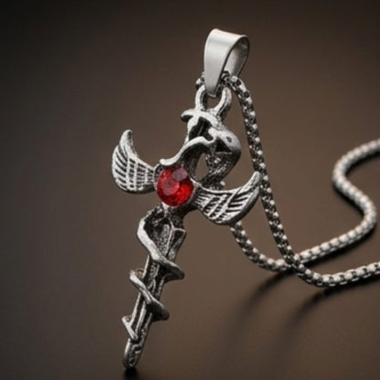 THE MEN THING SS Pendant/ Necklace SWORD OF ANGEL (RED STONE) (T) - Pure Titanium Steel Pendant with Stainless Steel 24inch Round Box Chain, European trending Style for Men & Boy